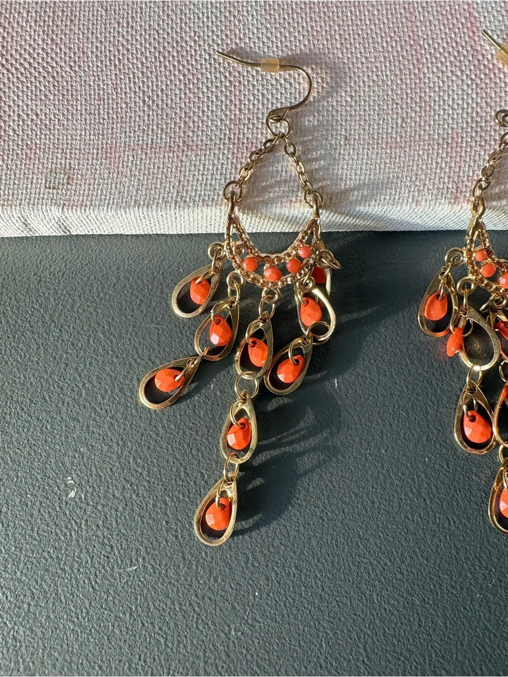 Gold-Tone Red Teardrop Chandelier Earrings